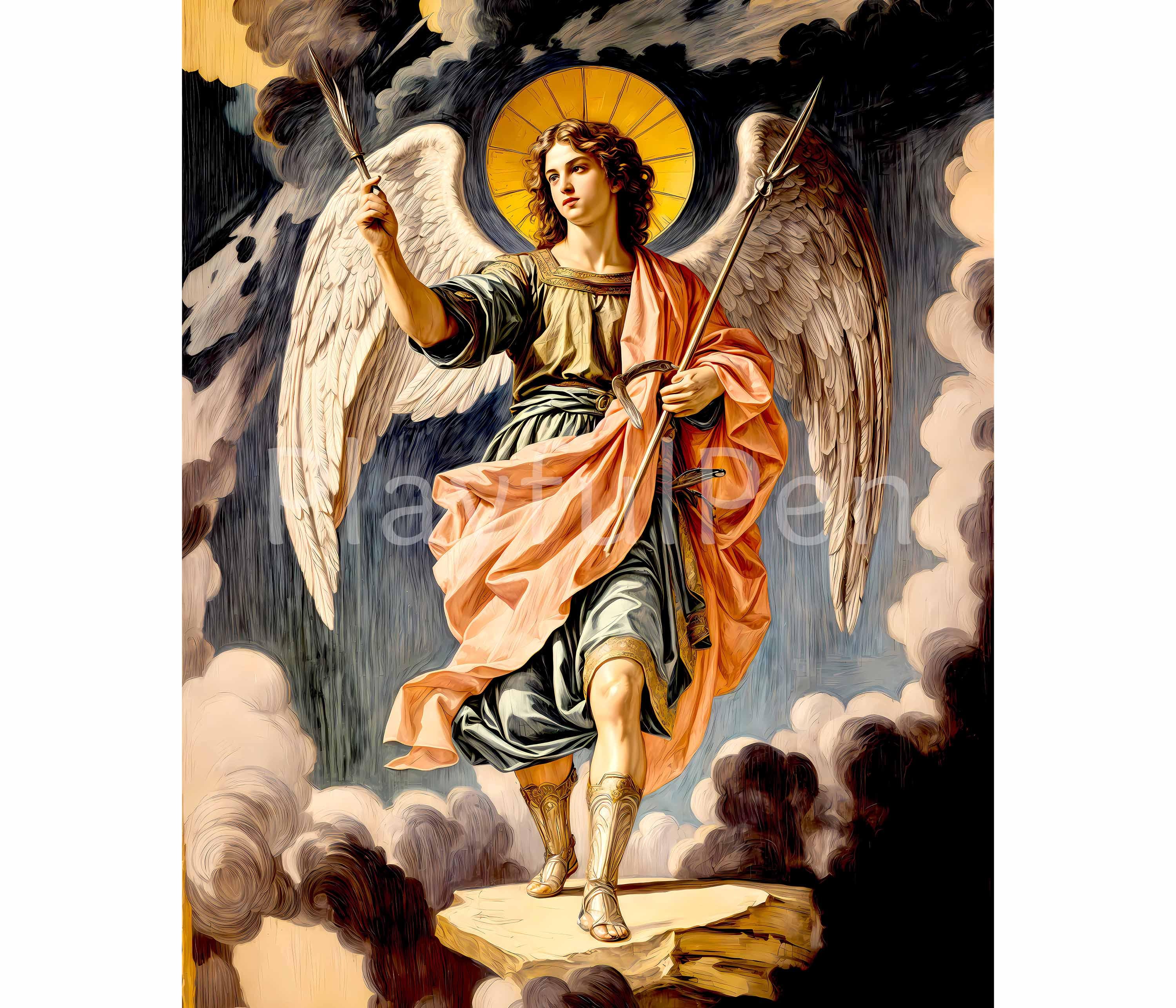 開運絵画　ラファエルの羽根　イーゼル付き　24金金箔付き 聖ラファエル大天使の印刷可能な壁アート、カトリックポスタープリント