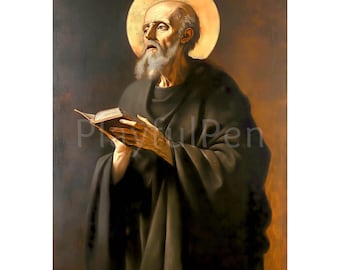 Póster imprimible de San Benito de Nursia para pared, arte religioso católico ortodoxo de Pascua, impresión cristiana anglicana para descarga digital