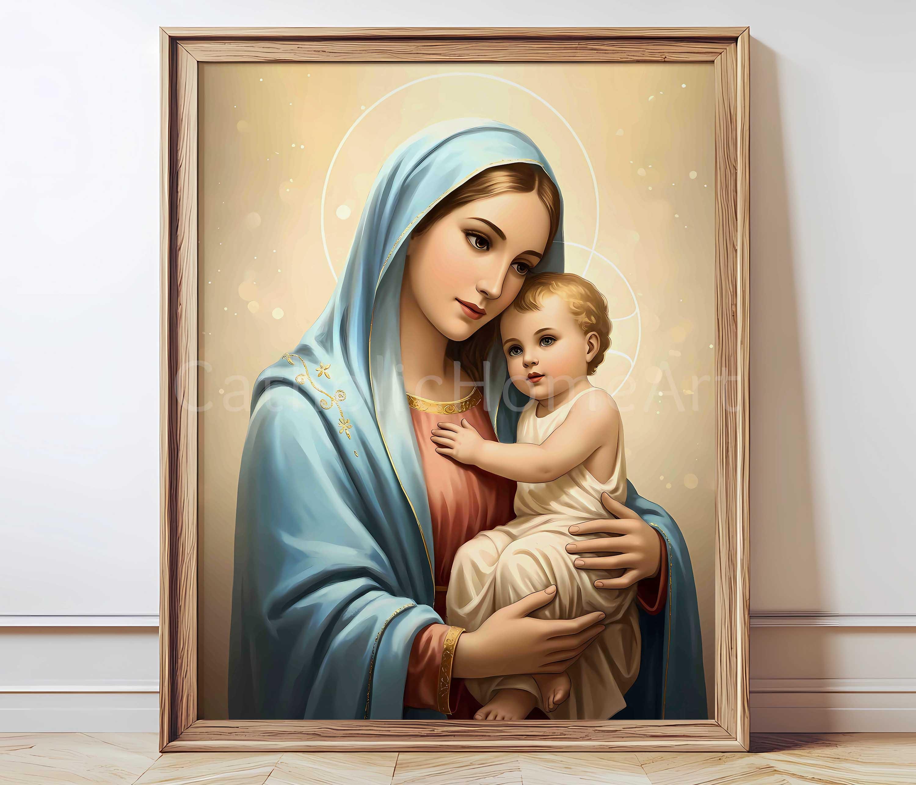 伝統的な聖母マリアと幼子イエスのアートプリント、宗教的なキリスト教