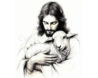 Jesus Holding Lamb Illustration Wall Art Printable, Christ and the Lost Sheep, Digital Download