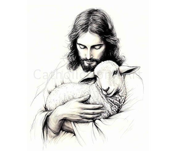 Jesus Holding Lamb Illustration Wall Art Printable, Christ and the Lost Sheep, Digital Download