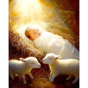 Nativity Scene Wall Art Printable Poster, Baby Jesus in the Manger with Lambs Artwork, Printable Nativity Art, Jesus Birth Digital Download