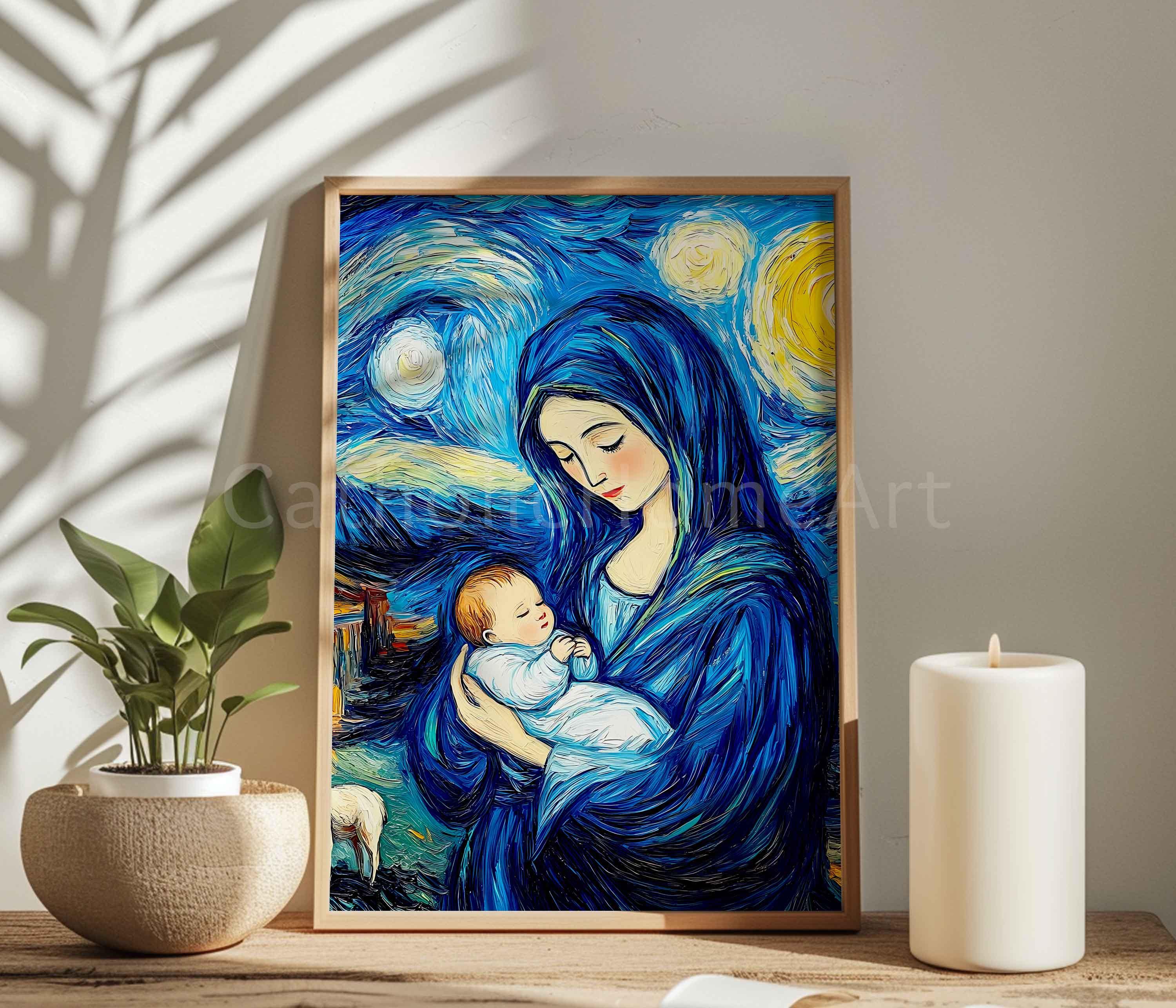 聖母子の印刷可能な壁アート、聖母マリアと幼子イエスのキリスト教