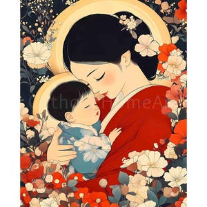 Stampa artistica da parete con la Madonna giapponese e il Bambino Gesù, poster cattolico dell'Asia orientale con la Madonna e il Bambino, stampa religiosa cristiana digitale.