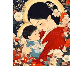 聖母マリアとキリストの幼子の版画 2 枚 | 日本のカトリックのポスター