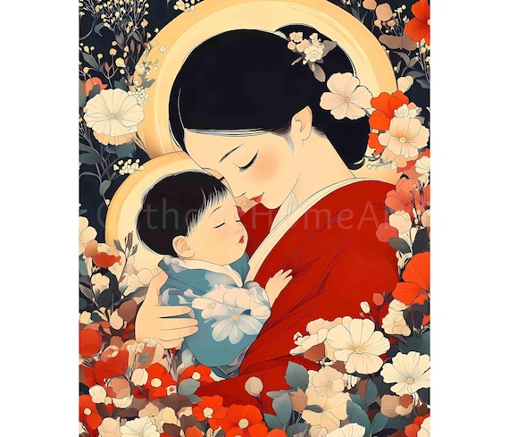 日本の聖母マリアと幼子イエスの印刷可能な壁アート、東アジアの聖母子