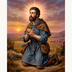 May include: Digital art print depicting a man kneeling in prayer, with a golden halo. He wears a blue tunic, brown cloak, and leather boots. A wheat bundle and a bag are on the ground. The background shows a sunset and a flock of sheep.