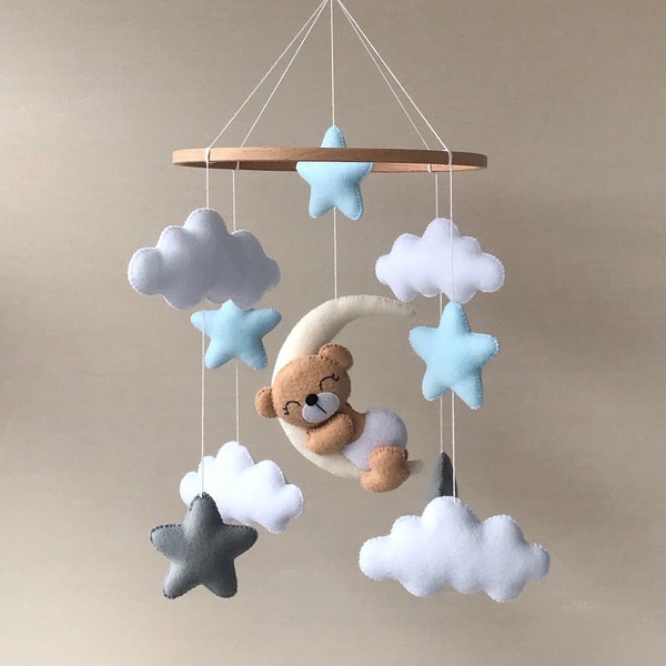 Crib mobile boy Teddy bear blue gray stars and clouds