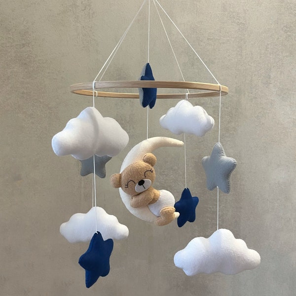 Crib mobile baby boy. Navy gray nursery decor bear on the moon stars clouds