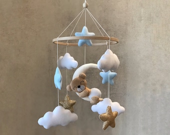 Baby mobile boy nursery Teddy bear Blue gold