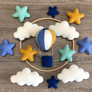 Reise Kinderzimmer Mobile für Baby Junge Krippe. Heißluftballon Mobile senfgrün blau. Abenteuer Kinderzimmer Hängedeko