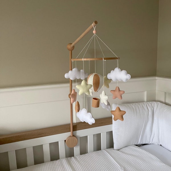 Hot air balloon mobile neutral nursery decor. Hanging mobile unisex gift for newborn. Beige ivory mobile minimalistic