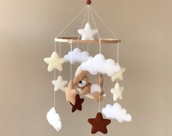 Baby mobile moon stars clouds teddy bear neutral nursery