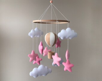 Hot air balloon mobile girl nursery. Pink stars and clouds mobile