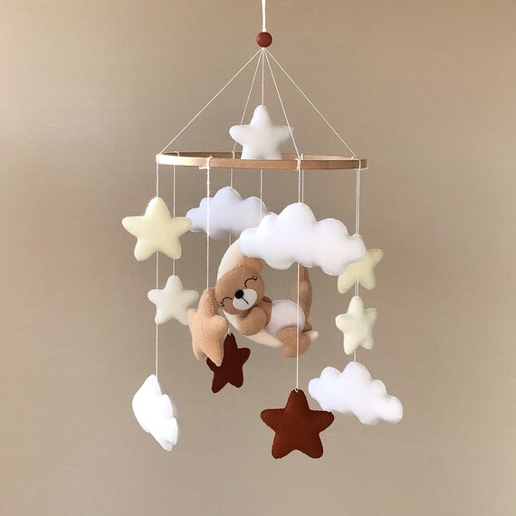 Teddy bear mobile baby crib neutral nursery decor. Beige stars and clouds mobile. First Christmas gift