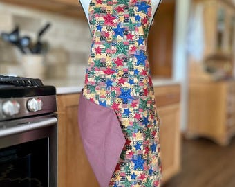 Reversible Cotton Apron: Country Quilt Print, Double Layer with Pockets