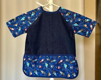 Kids Denim Art Smock, Galaxy Print, Short Sleeves, Pockets, Kindergarten Size 4-7