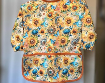 Kids Art Smock, Long Sleeve Cotton Apron for Child, Butterflies Sunflowers, Size 4-7