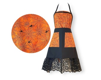 Black Halloween Retro Bib Apron, Black Lace Ruffle - One Of A Kind Design - Orange, Black Spiders & Web Art Pockets, Victorian Halloween