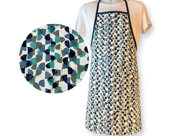 Blue Art Deco Bib Apron Pebble Print - One Of A Kind Design - Blue Navy Blue Cotton Chambray Frock, Apron with Pockets, Modern Art Mom Gift