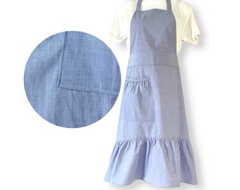 Plus Size Ruffled Apron for Woman, Light Blue Bib Apron 50's Retro Style, Old Fashioned One Of A Kind Apron, Upcycled Textiles, Hostess Gift