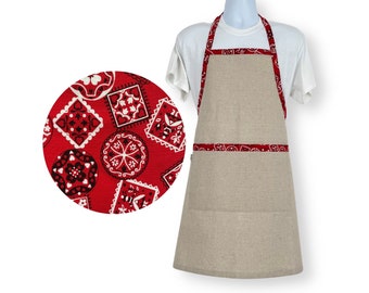 CLEARANCE PRICE REDUCED- Cotton Linen Apron with Red Bandana Trim and Ties, Practical Gift for the Home, Cooking Apron with Pockets