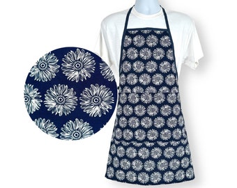 Navy Blue Apron for Women, Cotton Print with White Art Deco Flowers, Floral Cottage Decor, Modern French Country Style