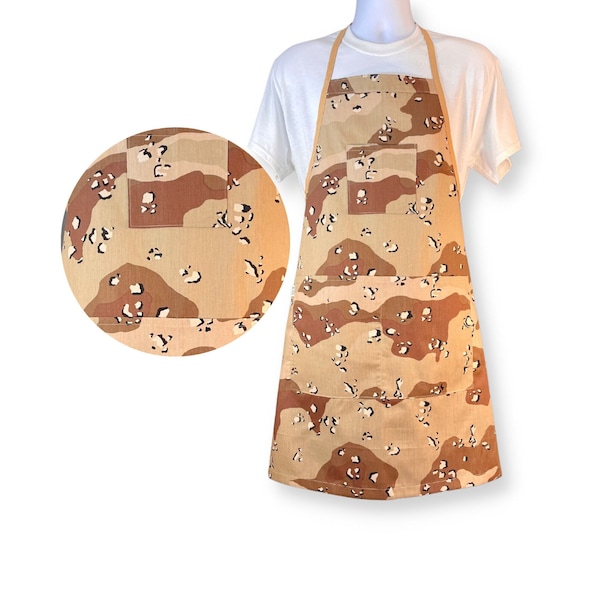 Apron in Brown Camo Print, Desert Camouflage, Handmade Cotton Apron in Tan Army Camo Fabric, Men's Novelty BBQ Apron