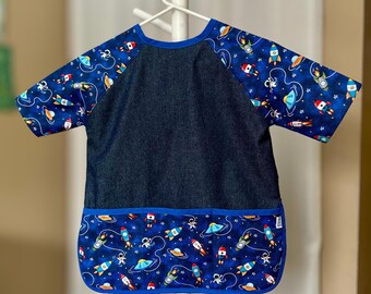 Kids Denim Art Smock, Outer Space Print, Child Apron with Pockets
