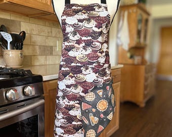 Reversible Apron: Cupcakes and Pies Print, Double Cotton  Fabric with Pockets