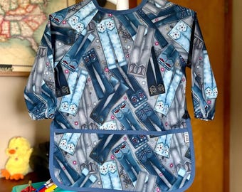 Kids Art Smock: Cotton Apron with Jeans Print, Size 4-7