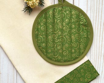Tea Towel and Hot Pad Set, Handcrafted from Sage Green Fabric, New Home Gift