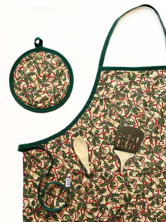 Holiday Apron and Potholder Set Holly Apron Gift Set Adult Etsy