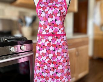Cooking Apron for Woman in Heart Print, Pink Hostess Apron, Valentines Day Gift