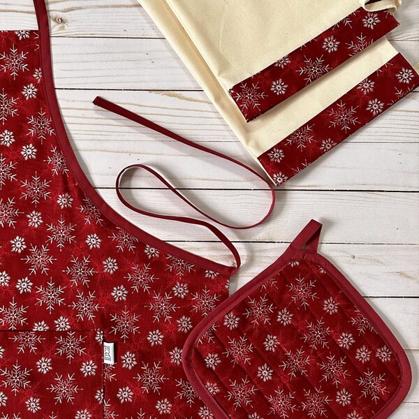 Christmas Kitchen Gift Set, Bib Apron with Hot Pad, Cotton Tea Towels Set of 2, Holiday Snowflakes Print, Great Party Gift Set