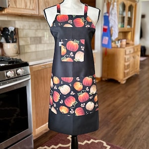 Apron with Vintage Pumpkins Design, Black Cotton Apron in Autumn Colors, Victorian Thanksgiving Decor