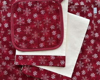 Christmas Kitchen Gift Set, Red with Snowflakes Pattern, Hot Pad and Tea Towels