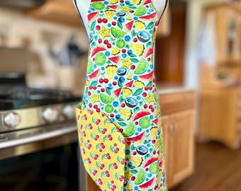 Reversible Apron: Cherry & Tropical Fruit Print, Handmade Cotton Kitchen Apron