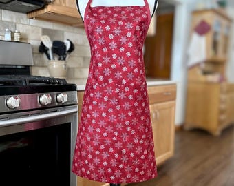 Holiday Cooking Apron, Deep Christmas Red with Sparkly Snowflakes