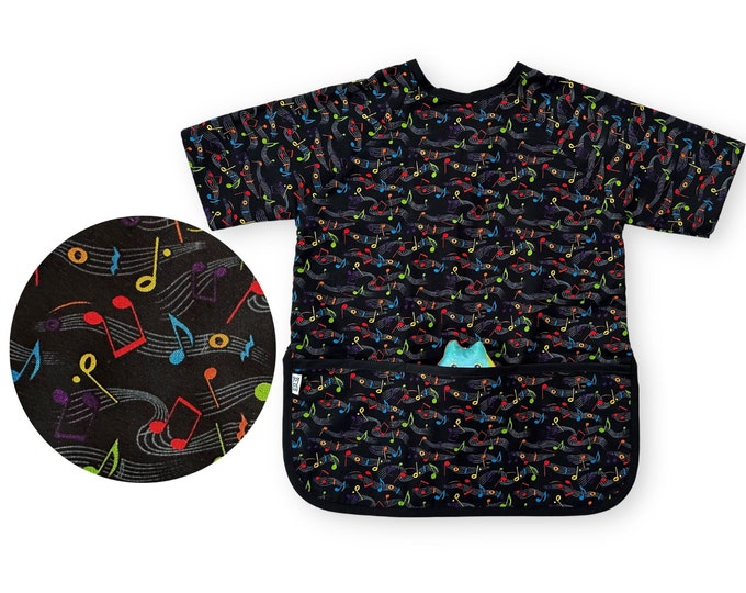 Kids Art Smock With Music Notes on Black, All Cotton Student Art Apron