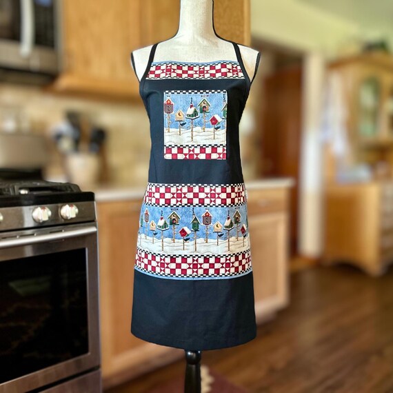 Upcycled Cotton Black Apron, Vintage Birdhouse Print, Holiday Hostess Gift
