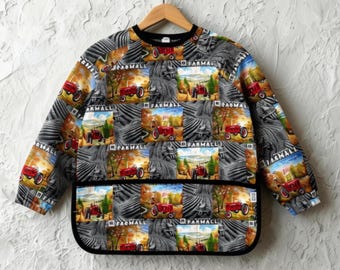 Kids Art Smock: Antique Farmall Tractor Print, Kindergarten Size, Long Sleeve, Pockets