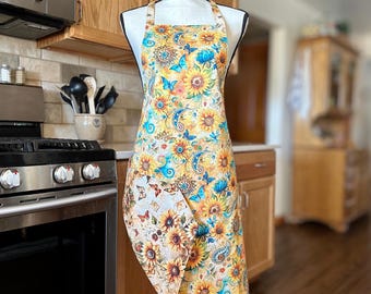 Reversible Cotton Apron: Sunflowers and Butterfly Print, New Home Gift