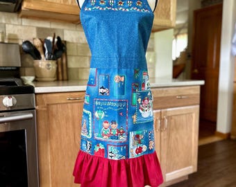 Upcycled Holiday Apron: Teddy Bears, Snowmen, Red Ruffle