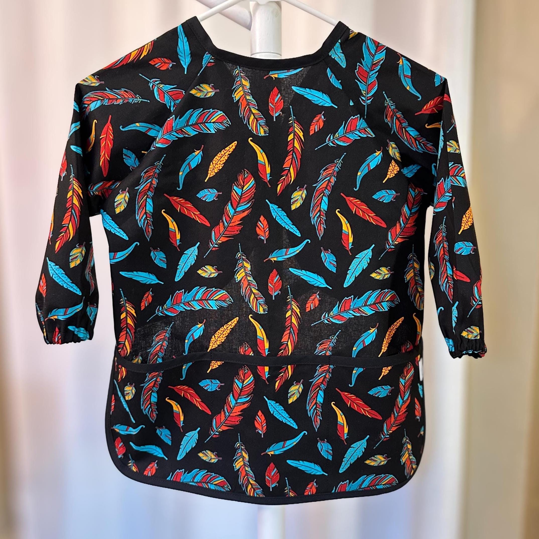 Cotton Kids Art Smock with Sleeves - Vibrant Feathers Design, Easy to Wear, Triple Pocket