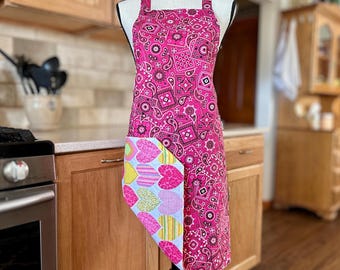 Reversible Apron: Pink Bandana & Hearts Print, Handmade Double-Sided Pockets