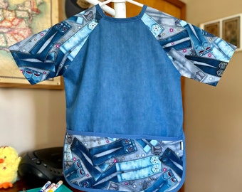Denim Print Kids Art Smock: Machine Washable Cotton Apron