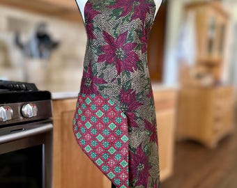 Reversible Christmas Apron: Poinsettia Mosaic Tile Cotton Print, Pockets Both Sides, Party Hostess Gift