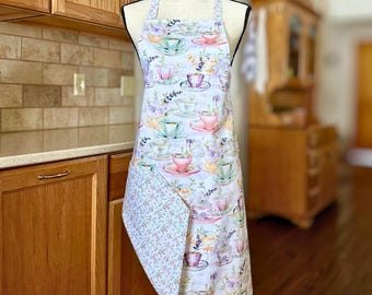 Reversible Cotton Apron - Tea Cups & Pink Floral Design, Double Pockets on Both Sides