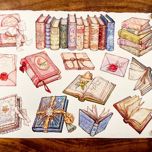 Biblioteca romántica / pegatinas de papel / ilustración de acuarela